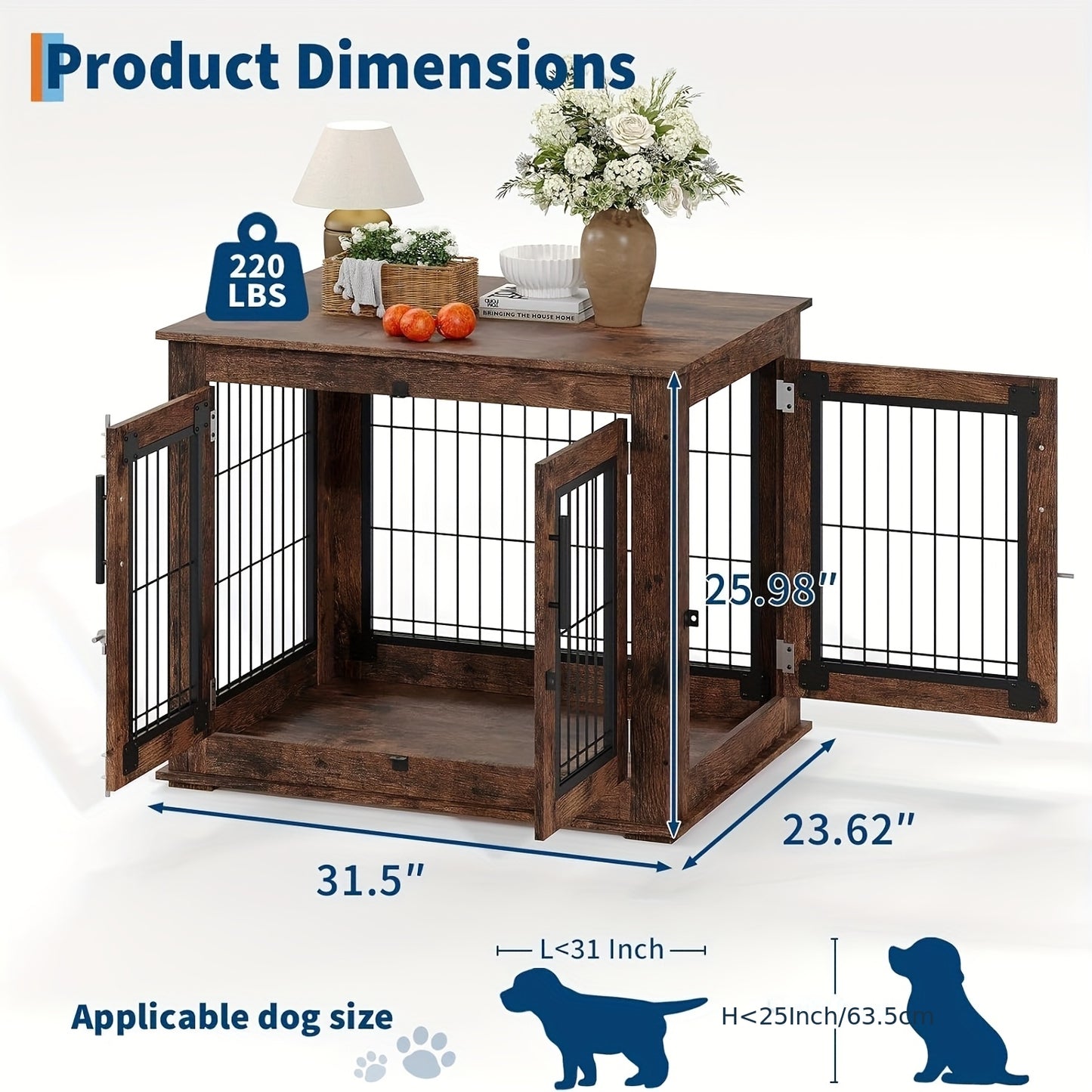Hondenbench – Hondenkooi – Hondenhok – Dog crate – Houten bench – 80x60x65 cm – Dubbele deuren – Robuust fiberboard