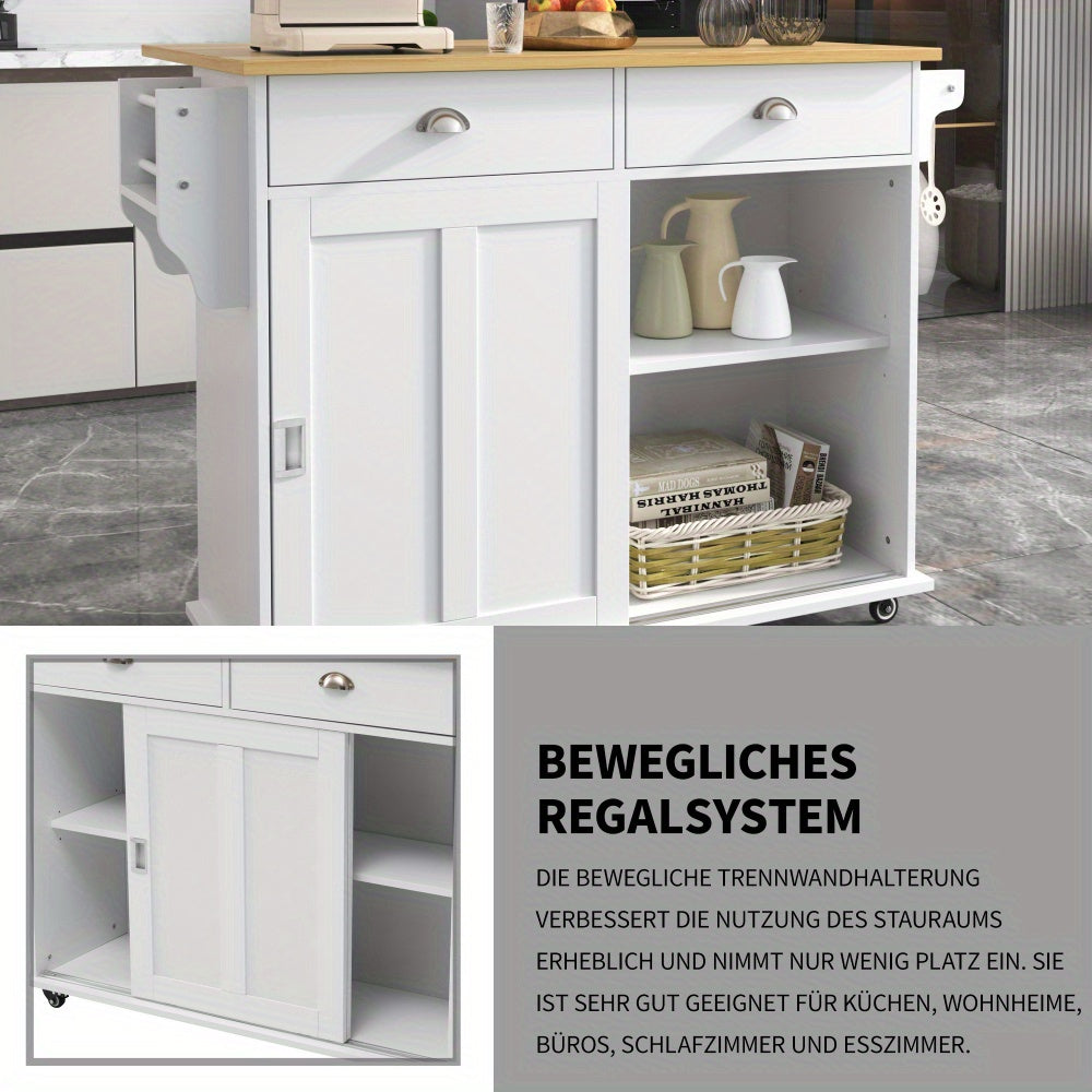 Keukenwagen – Keukentrolley – Serveerwagen – Bijzettafel – Opbergmeubel – Wit – Inklapbaar Werkblad – Zwenkwieltjes Met Houtlook Blad