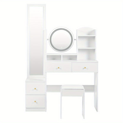 Kaptafel – Make-uptafel – Schminktisch – Dressing Table – Witte 4-in-1 Kaptafel met Spiegel en Kruk – Grote Spiegel en Ruime Opberglades – Compact en Stijlvol Design