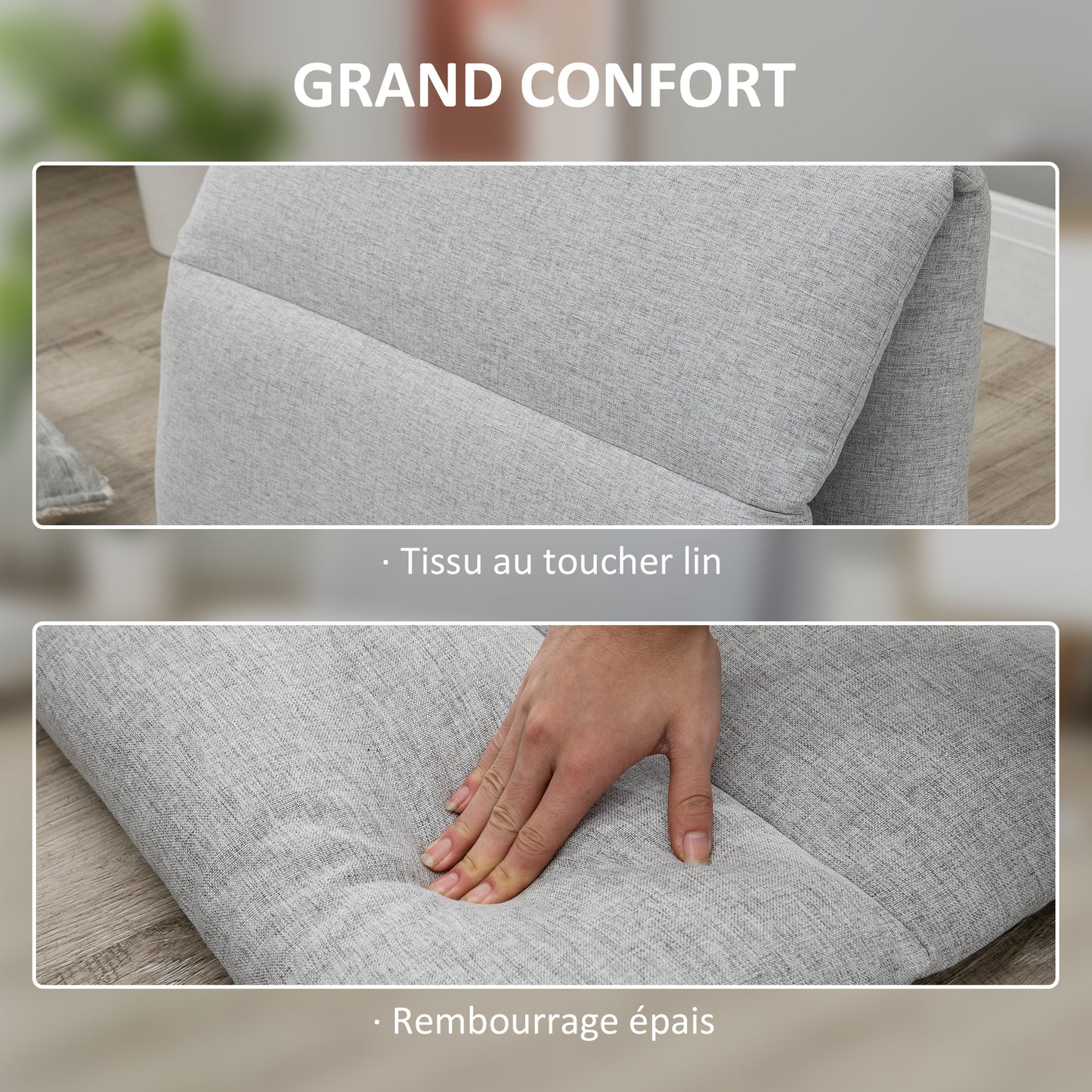 Vloersofa – Loungestoel – Fauteuil – Relaxstoel – Slaapstoel – Verstelbaar in 5 standen – Polyester linnenlook bekleding – Compact formaat 72x71x60 cm – Grijs