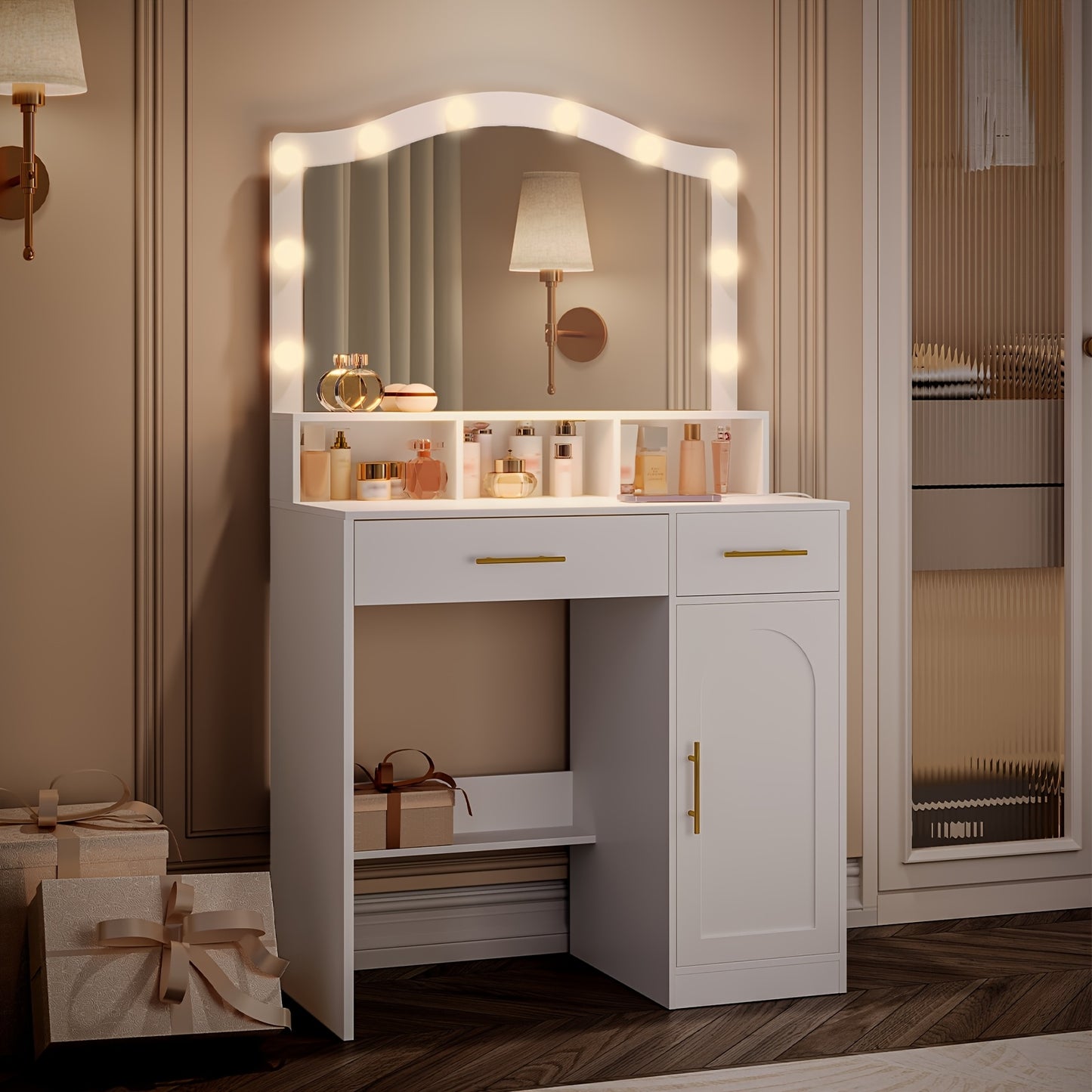 Kaptafel – Make-up Tafel – Cosmeticatafel – Vanity – Opmaaktafel – Wit met Gouden Accenten – Grote HD Spiegel – 2 Laden en Opbergkast