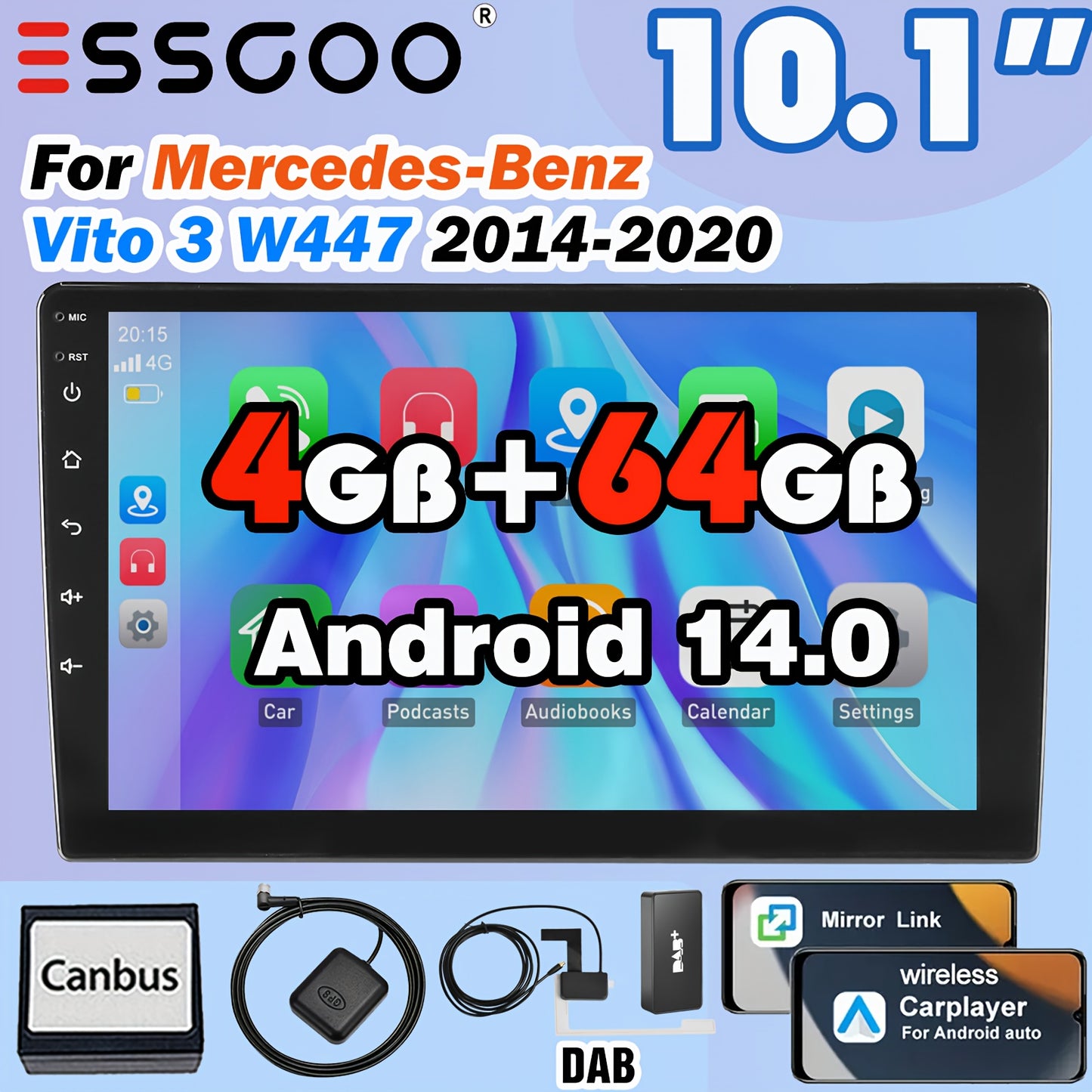 10,1" Autoradio – Multimedia Speler – Navigatiesysteem – Touchscreen Radio – DAB+ Ontvanger – Android 14.0 Systeem – Draadloze CarPlay & Android Auto