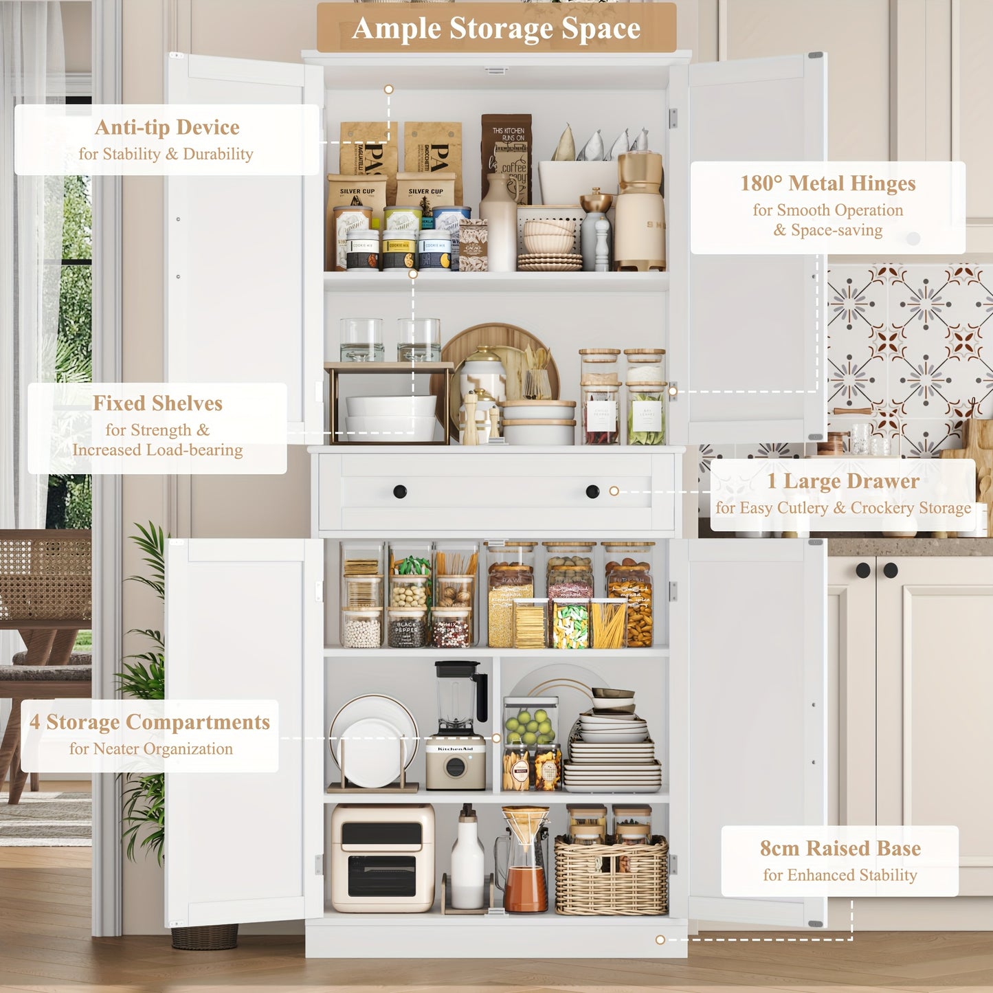 Keukenkast – Opbergkast – Keukenmeubel – Buffetkast – Keukenonderkast – Wit Design – Houtconstructie – 68,5 cm Hoog – 3,2 Cubieke Voet Inhoud