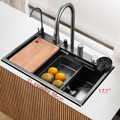 RVS Keukenset – Gootsteen – Spoelbak – Aanrechtblad – Werkstation – Touchgevoelige Watervalkraan – Zelfrandend Design – Rechtse Afvoer – Polished 304 Roestvrij Staal – Inclusief Snijplank en Bekerspoeler