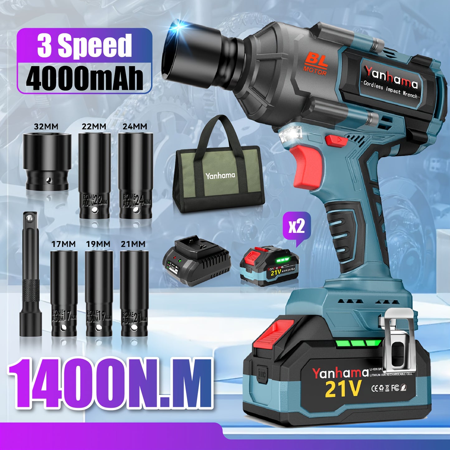 Slagmoersleutel – Accu Slagmoersleutel – Slagschroevendraaier – Elektrische Dopsleutel – Borstelloze Motor – 21V Lithium-Ion Accu’s – Precisie Koppel – Robuuste Metalen Behuizing