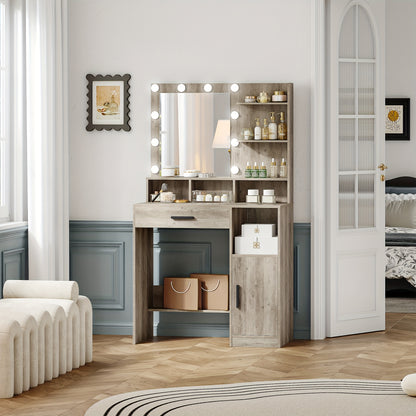 Dressing Table With Mirror, Dressing Table With LED Mirror, Dressing Makeup Table With 3 Shelves And 4 Open Compartments, With Large Drawer And Wardrobe