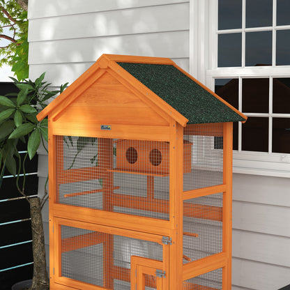 Vogelkooi – Vogelkooi Hout – Papegaaienkooi – Buitenkooi – Parkietenkooi – Ruim Formaat 92x52x171 cm – Waterdicht Asfalt Dak – Oranje