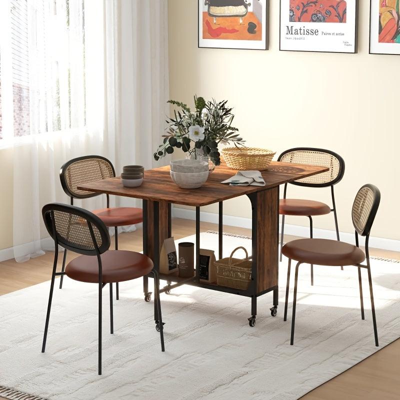 Expandable & Folding Table for 6 People with 2 Open Shelves - Portable Space-Saving Dining Table Suitable for Small Homes, Kitchens, Apartments - Heavy-Duty Wood Retro Brown/Black, Expandable Assembly