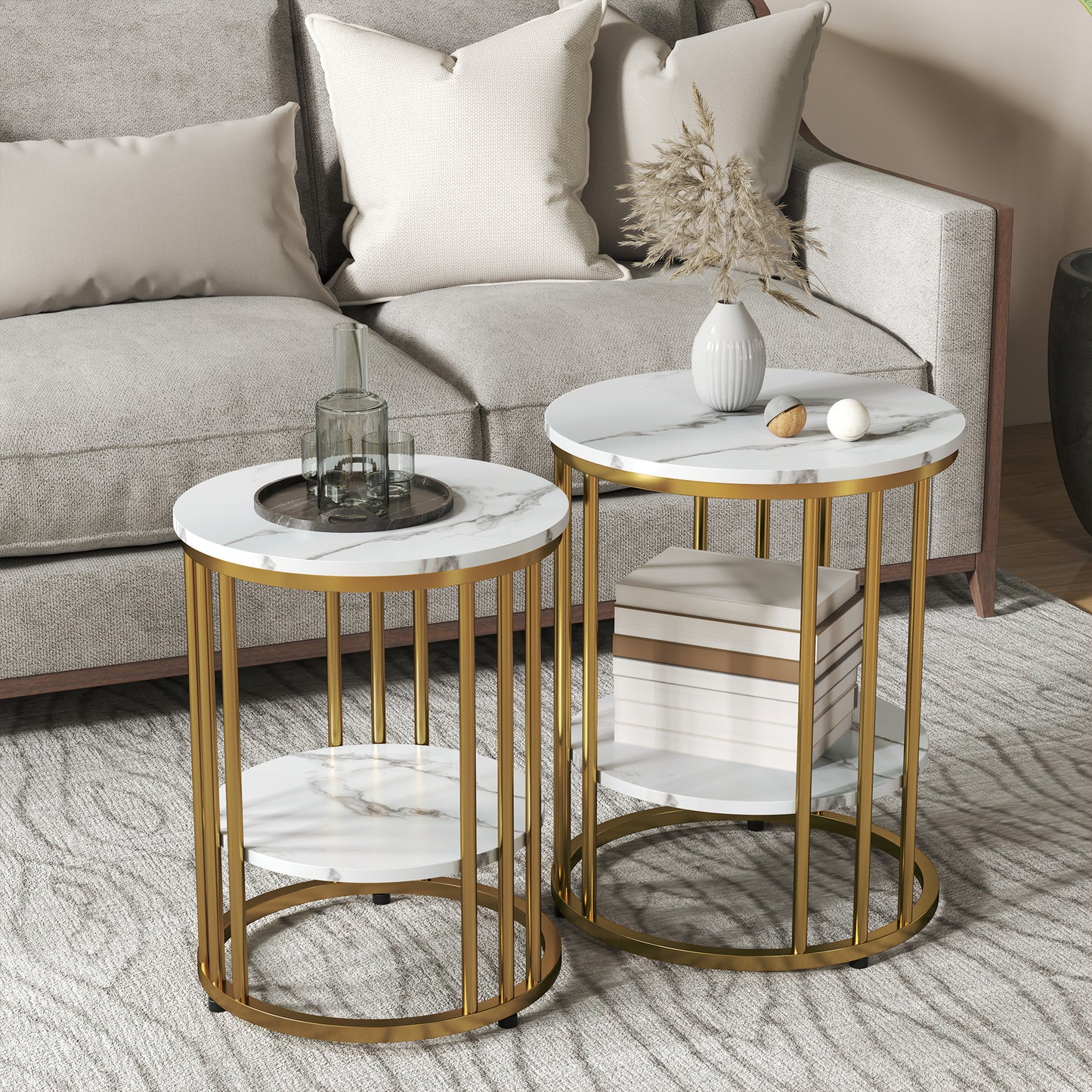 Bijzettafel – Bijzettafels – Salontafel – Nachtkastje – Side Table – Set Van 2 Ronde Tafels – Marmer-Look Tafelblad – Open Opbergruimte Met Metaal Frame