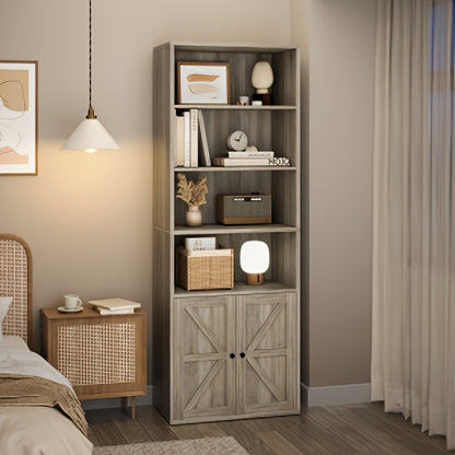 Industrial Farmhouse Bookcase with Doors - Heavy-Duty Freestanding bookshelf, Sturdy Wood Construction, Open & Closed Storage Shelves, for Living Room, Bedroom, Home Office - Modern Industrial Organizer Furniture