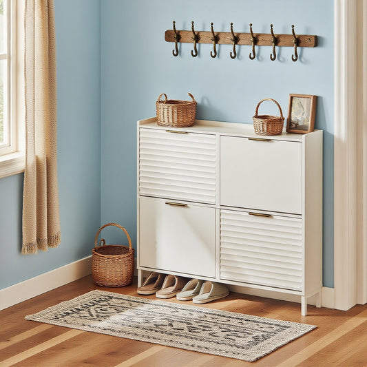 Smalle Schoenenkast – Schoenenrek – Schoenenopberger – Schoenenkast Smal – Schoenenkast Hal – Ruimtebesparend Ontwerp – Stevige MDF Constructie – Wit – 100x19x90 cm