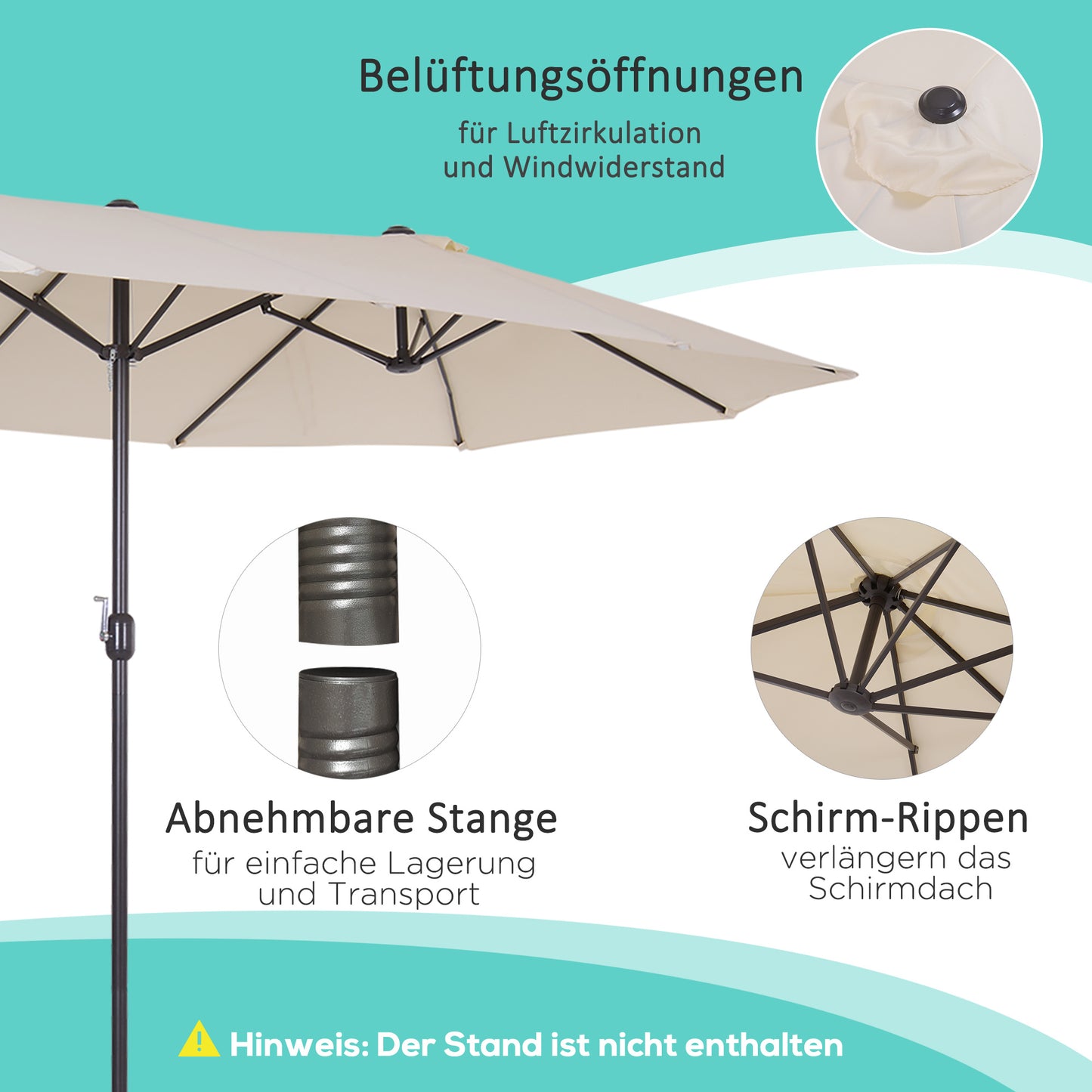 Grote Ovale Parasol – Zonnescherm – Terrasparasol – Dubbele Parasol – Marktparasol – Handzwengel – Lichtbruin Polyester – Windbestendig & XXL Schaduw