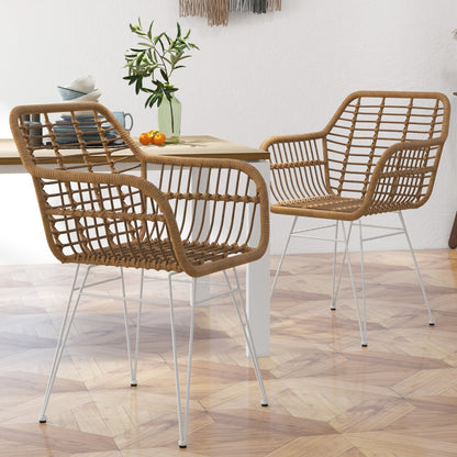 Eetkamerstoel – Keukenstoel – Serrestoel – Stoel Met Armleuningen – Bohemian Design – Resin Zitting – Gevlochten Stalen Onderstel – Ergonomische Rugleuning – Antislip Pads – Wit – Set Van 2