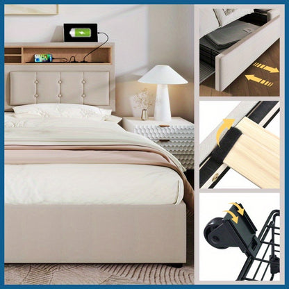 Bedkast – Tweepersoonsbed – Nachtkastje – Opbergbed – Slaapkamerkast – Verstelbaar Stoffen Hoofdbord – 4 Ruime Lades – 160x200 cm – Zonder Matras