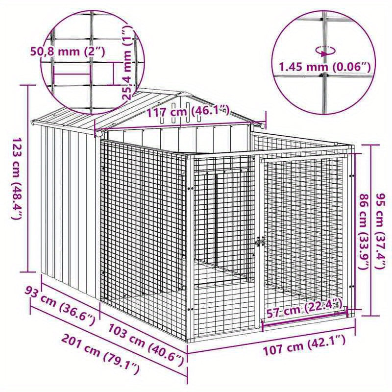Hondenkennel – Hondenhok – Hondenren – Hondenkooi – Kennel – Verzinkt Staal – Ruime Afmetingen 117x201x123 cm – Weerbestendig Lichtgrijs