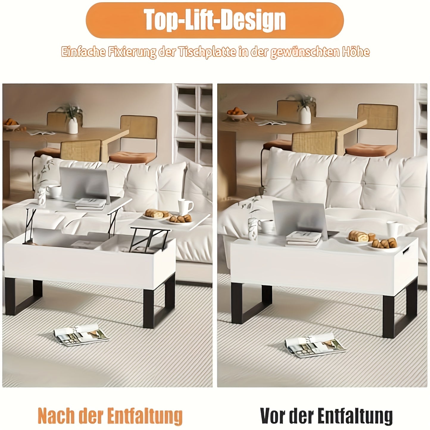 Salontafel – Woonkamertafel – Koffietafel – Bijzettafel – Sofa Tafel – Verstelbaar & Opvouwbaar – Met Verborgen Opbergruimte – Wit – 100x50x42 cm