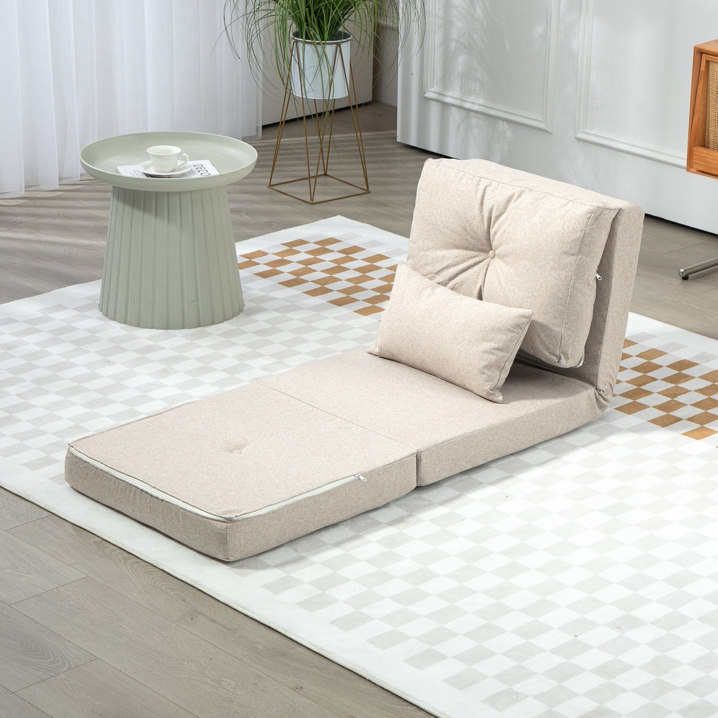 Zitzak – Fauteuil – Stoel – Loungebank – Relaxstoel – Verstelbare Rugleuning – Linnen Beige – Met Kussen – Opvouwbaar – Max 90 kg