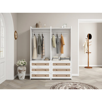 Boho Kast – Kledingkast – Opbergkast – Dressoir – Ladekast – Wit Met Rattan Accenten – 180 cm Hoog – MDF Met Melamine Coating