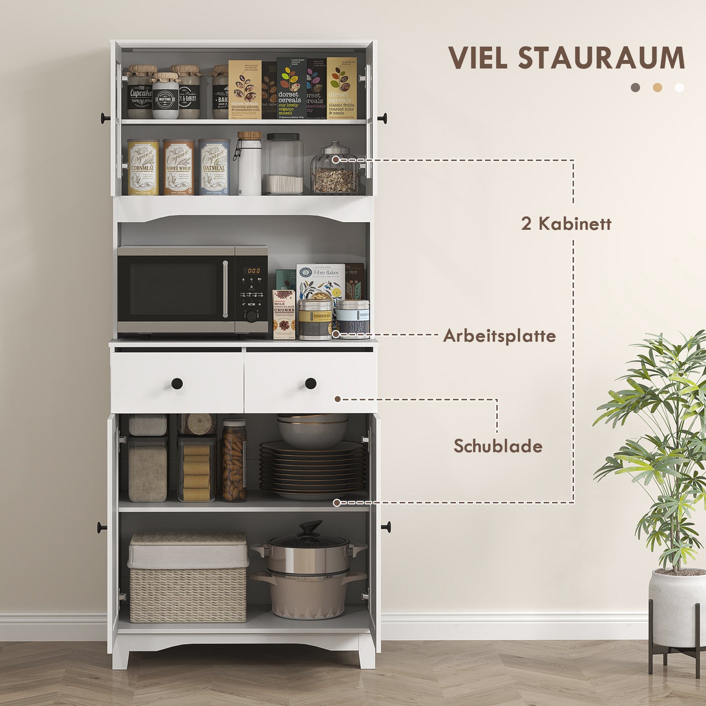 Keukenkast – Keukenrek – Opbergkast – Magnetronkast – Buffetkast – Vrijstaand – Wit – Met Werkblad – Glazen Deuren