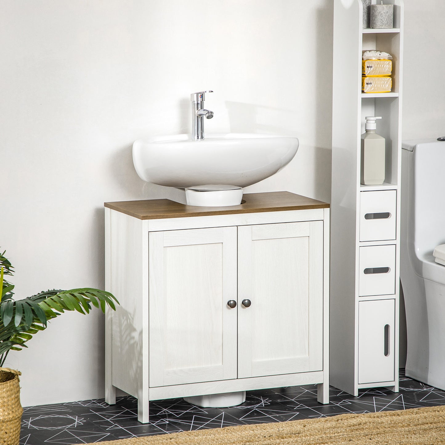 Badkamerkast Onder Wastafel – Onderkast Badmeubel Opbergkast Douchekast – Wit Houtlook – Compact 60x30x60 cm – Verstelbare Plank Stevig MDF