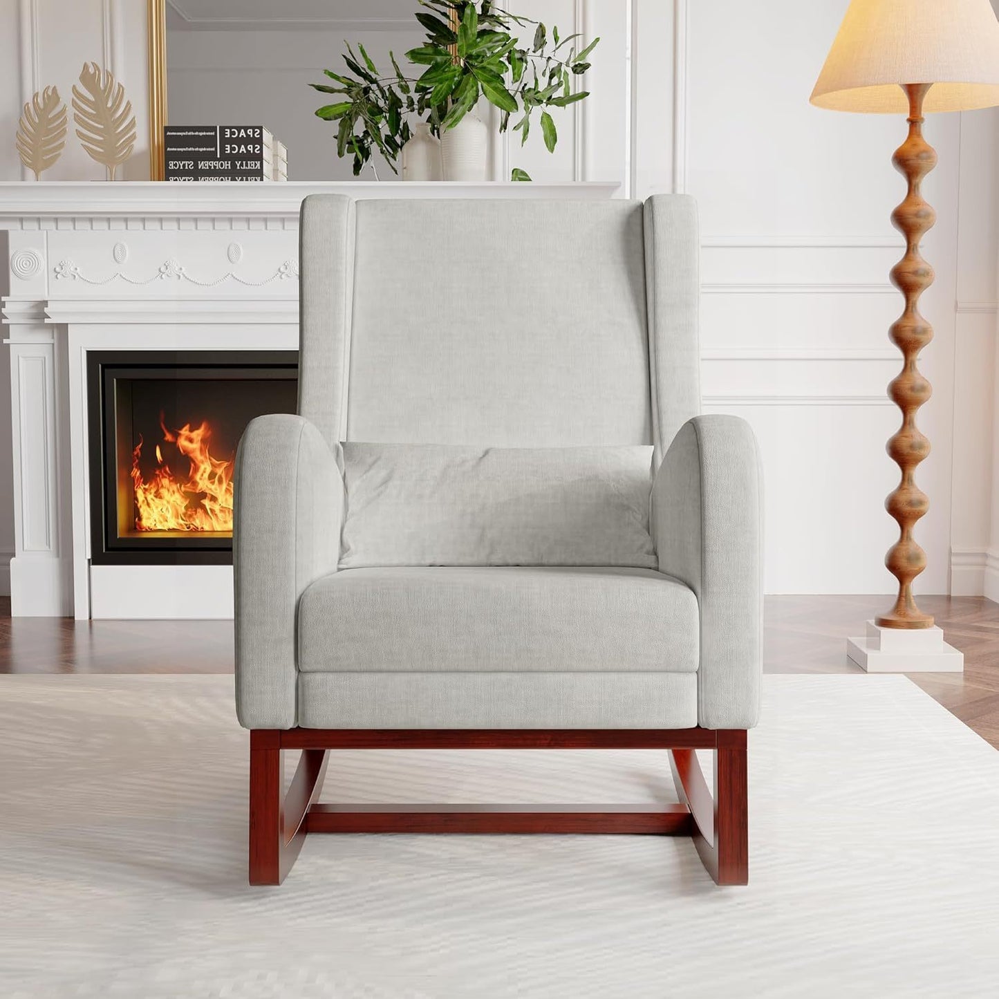 Schommelstoel – Relaxstoel – Lounge Stoel – Leunstoel – Voetenbank – Hoogte Rugleuning – Massief Houten Onderstel – Zijzakken – Verlengbare Voetensteun – Grijs