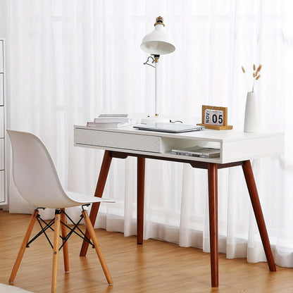 Bureau – Computertafel – Werkplek – Schrijftafel – Bureaumeubel – Modern Minimalistisch – Wit Metaal – Lade & Open Opbergruimte – 106,7 x 68,6 cm – Compact Ruimtebesparend Ontwerp - Wit