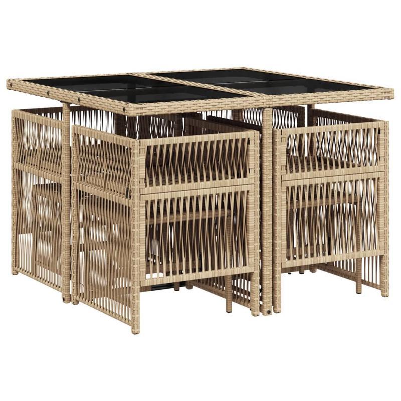 9-delige Tuinset – Buitenmeubelset – Tafel Met Stoelen – Terrasset – Rattan Meubelset – Beige Kussens – Weerbestendig Poly Rattan – Afneembare Polyester Hoezen