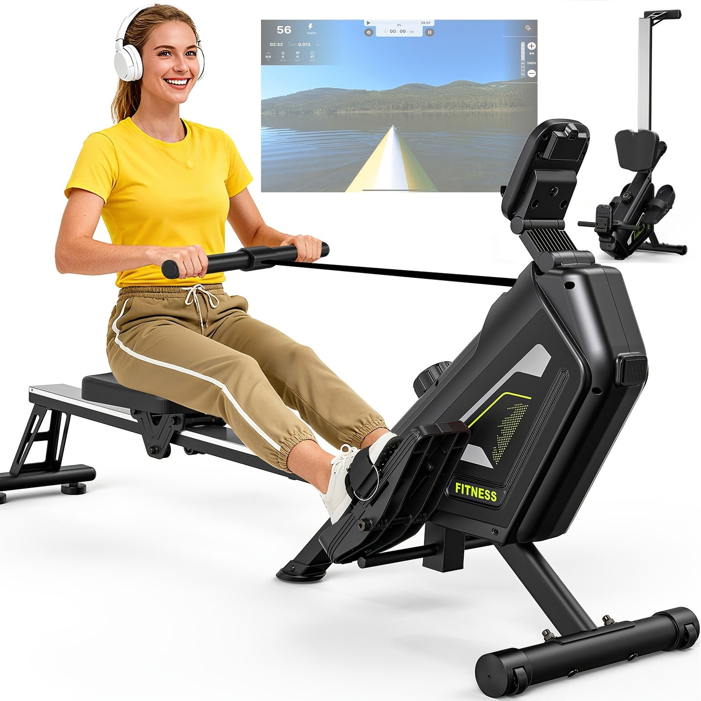 Roeitrainer – Roeimachine – Roeiapparaat – Roeimachine Thuis – Rowing Machine – Magnetische Weerstand 16 Niveaus – Inclusief Draadloze Bediening – Inklapbaar Roestvrij Staal – Max 160 kg – Zwart