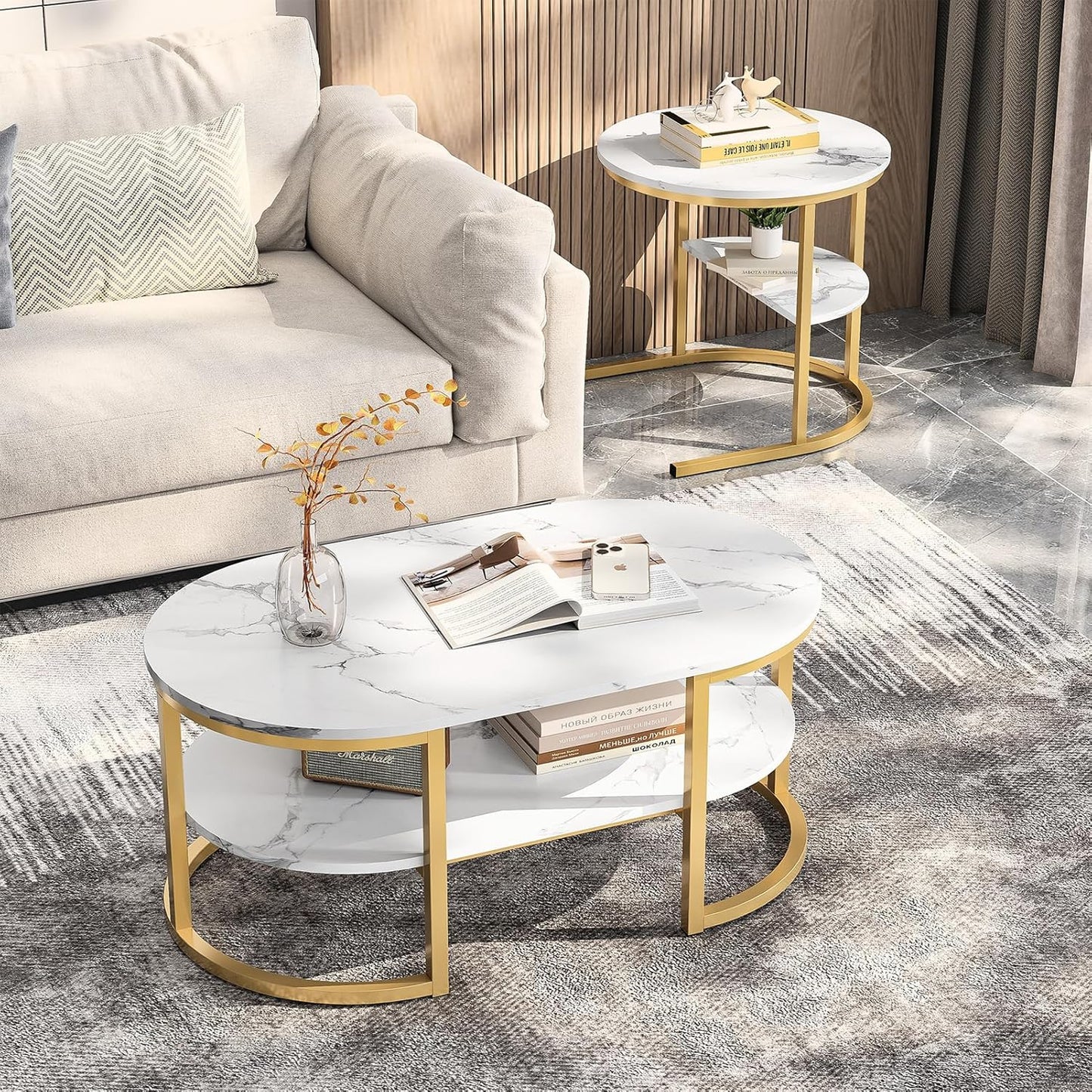 Salontafelset – Bijzettafel – Woonkamertafel – Sofa Tafel – Opbergtafel – Rond en Ovaal – Met Opbergruimte – Met Metalen Frame en Marmerlook Blad
