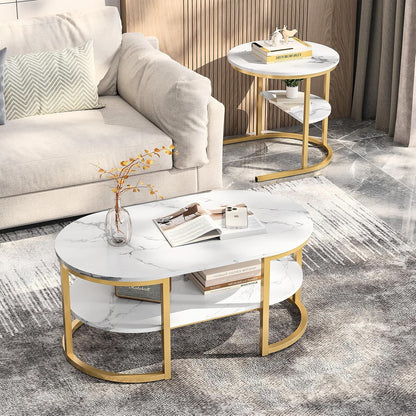 Salontafelset – Bijzettafel – Woonkamertafel – Sofa Tafel – Opbergtafel – Rond en Ovaal – Met Opbergruimte – Met Metalen Frame en Marmerlook Blad