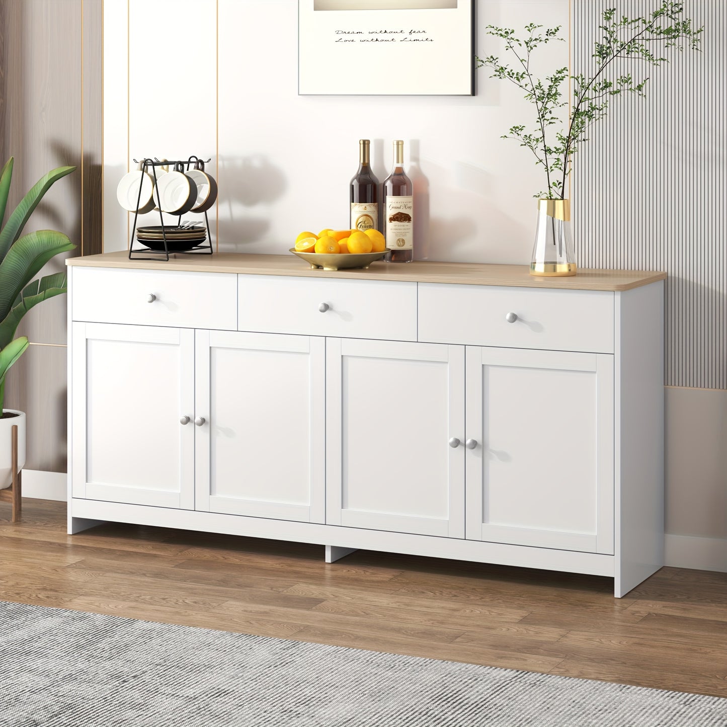 Sideboard, Sideboard, Organiser, Four Doors with Three Drawers, for Living And Dining Room. White, 160*37*75 Cm