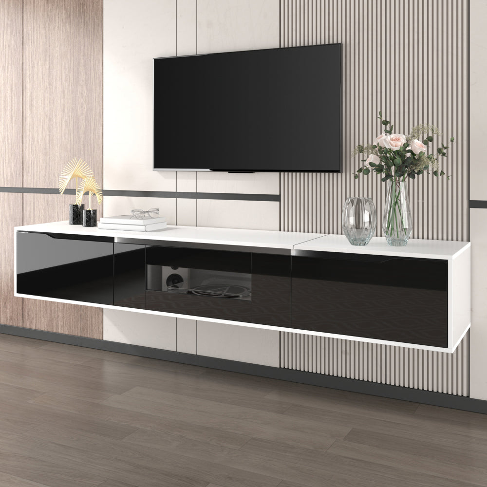 Modern Metal TV Stand with High-Gloss Finish - Wall-Mounted or Freestanding Media Console, Space-Saving Design in Black & White, Easy Installation with Hardware Included, Minimalist Entertainment Center for Living Room, Home
