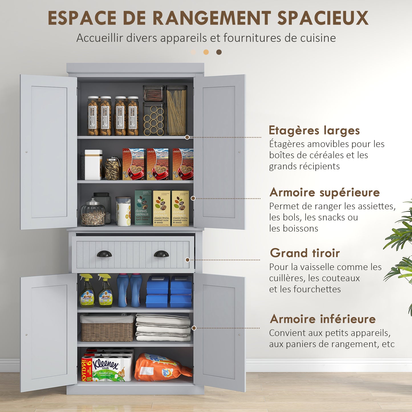 Keukenkastje – Opbergkast – Buffetkast – Keukenkast – Keukenmeubel – Grijs Met Zwarte Grepen – 2 Kasten Met 4 Deuren – Grote Lade – Verstelbare Planken – MDF En Spaanplaat – Modern Design – 76,2x40,2x183 cm
