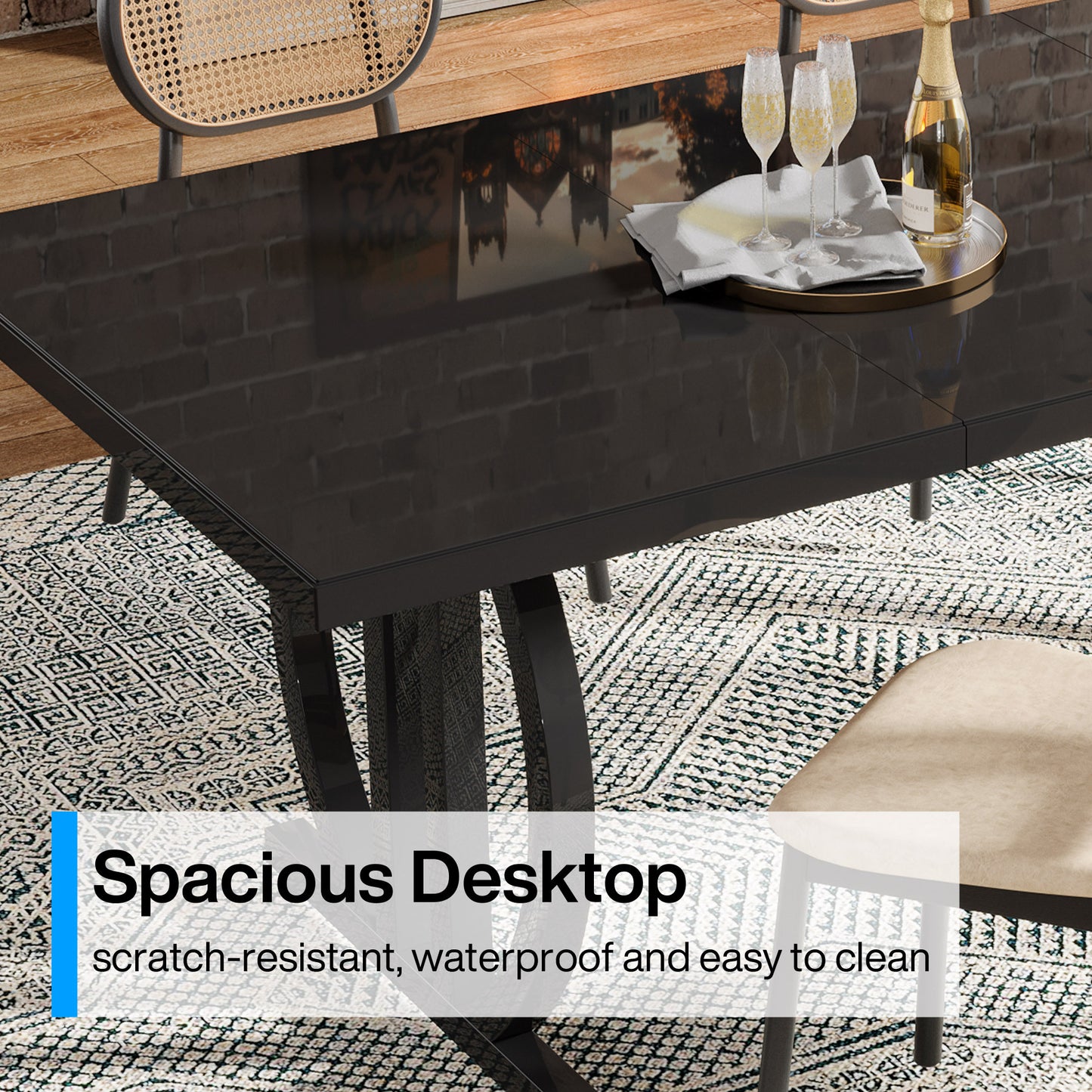 Eettafel – Keukentafel – Tafel – Eetkamertafel – Industrieel Design – 160 cm – Zwart MDF – Metalen Geometrisch Onderstel – Krasbestendig – Ruimtebesparend