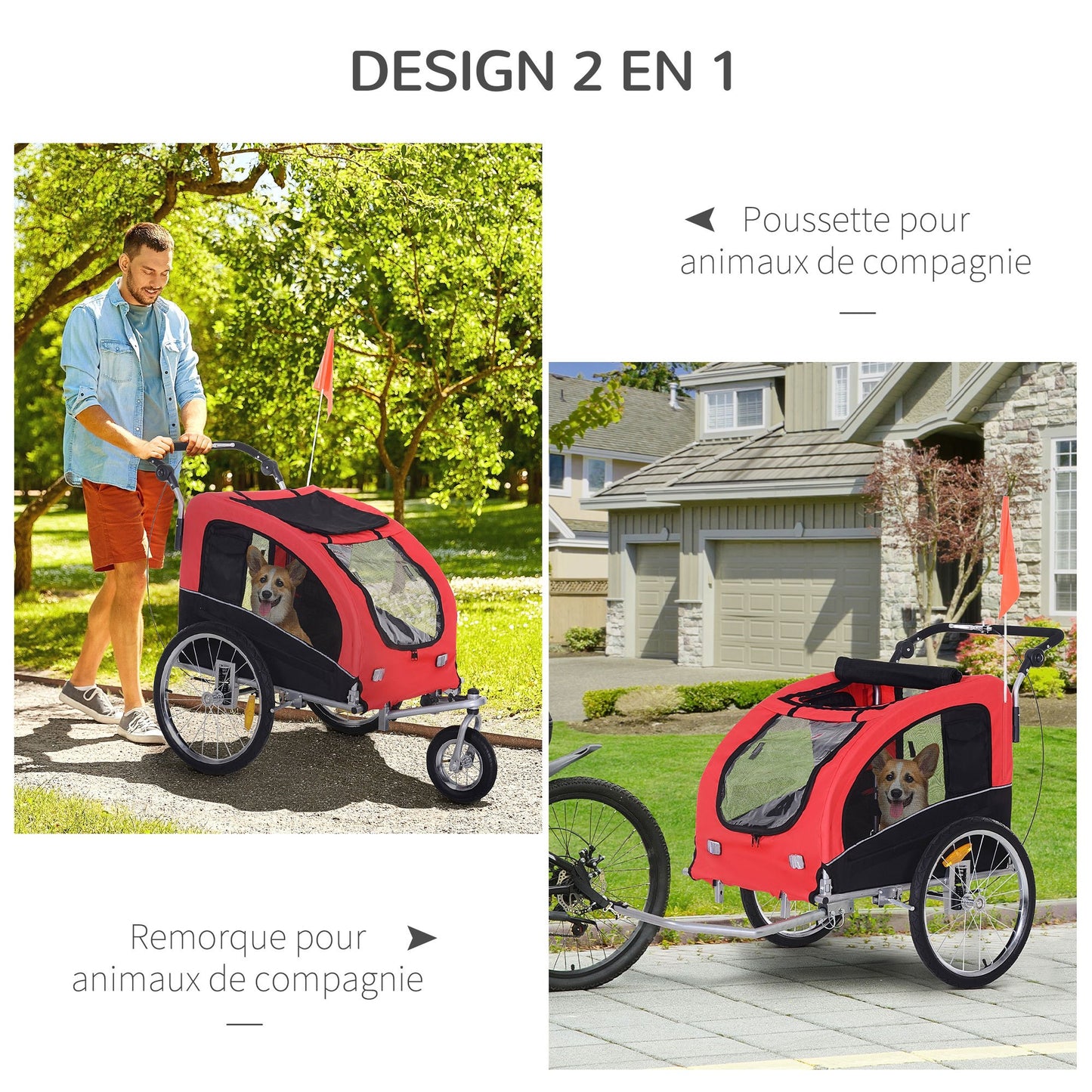 Fietskar Huisdieren – Hondenfietskar – Fietsaanhanger – Jogger – Hondenbuggy – 2-in-1 Ontwerp – Waterafstotend 600D Oxford – 360° Draaibaar Voorwiel – Veiligheidsharnas – Reflectoren – Rood/Zwart