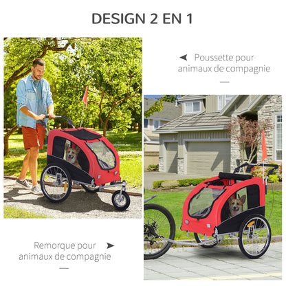 Fietskar Huisdieren – Hondenfietskar – Fietsaanhanger – Jogger – Hondenbuggy – 2-in-1 Ontwerp – Waterafstotend 600D Oxford – 360° Draaibaar Voorwiel – Veiligheidsharnas – Reflectoren – Rood/Zwart