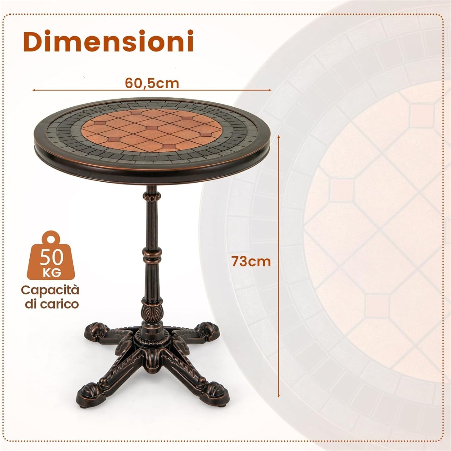 Ronde Tuin Tafel – Balkon Tafel – Buiten Tafel – Patio Tafel – Vintage Aluminium – Gietaluminium Materiaal – Leisteen Patchwork Design – 60,5 cm Diameter