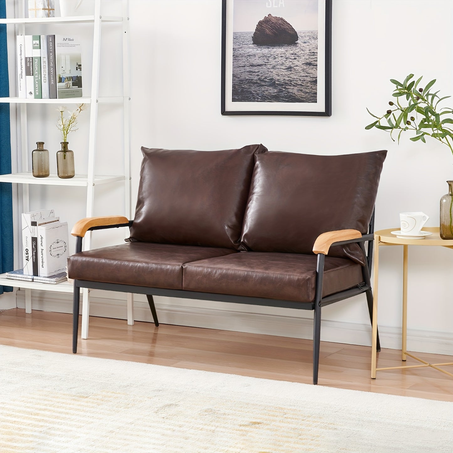 2-Zits Bank – Loveseat – Fauteuil – Lounge Sofa – Settee – PU Leren Kussen – Metalen Frame – Donkerbruin