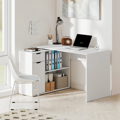 Bureau – Werkplek – Schrijftafel – Computertafel – Flexibele Bureau – Wit Met Houten Accenten – 2-Laagse Kast Met Lade En Open Planken