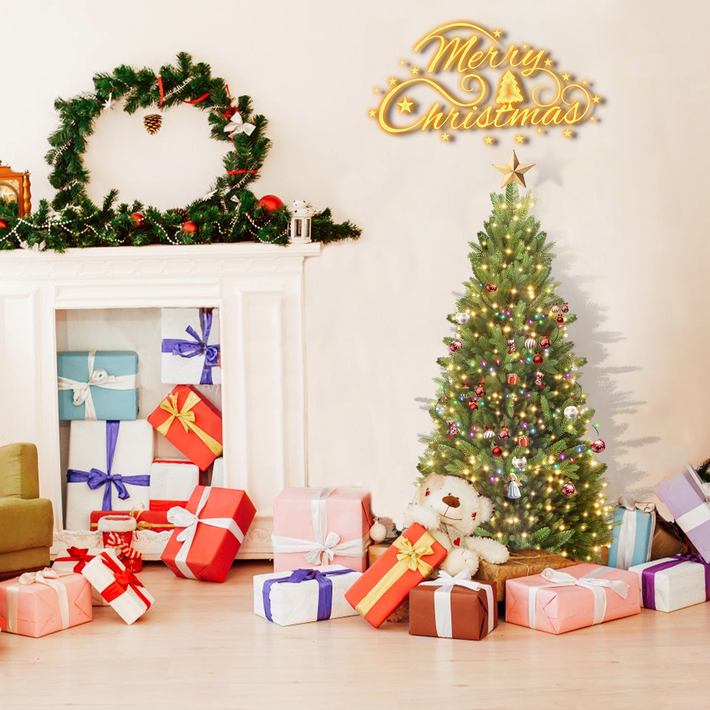 Kunstkerstboom – Kunstboom – Kerstboom – Decoratieve Kerstboom – Sfeerverlichting – 225 cm – Realistische PVC & PE Naalden – Inclusief LED Verlichting en Standaard