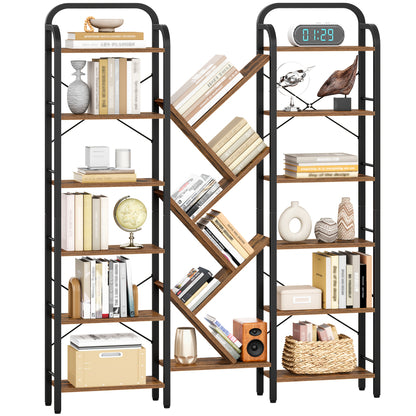 Boekenplank – Boekenrek – Wandplank – Boekenkast – Boekenkast – 6-Laags Met 18 Vakken – Vintage Bruin Zwart Hout – Vrijstaand Stalen Frame – 24x152x198,5 cm – Geen Montage