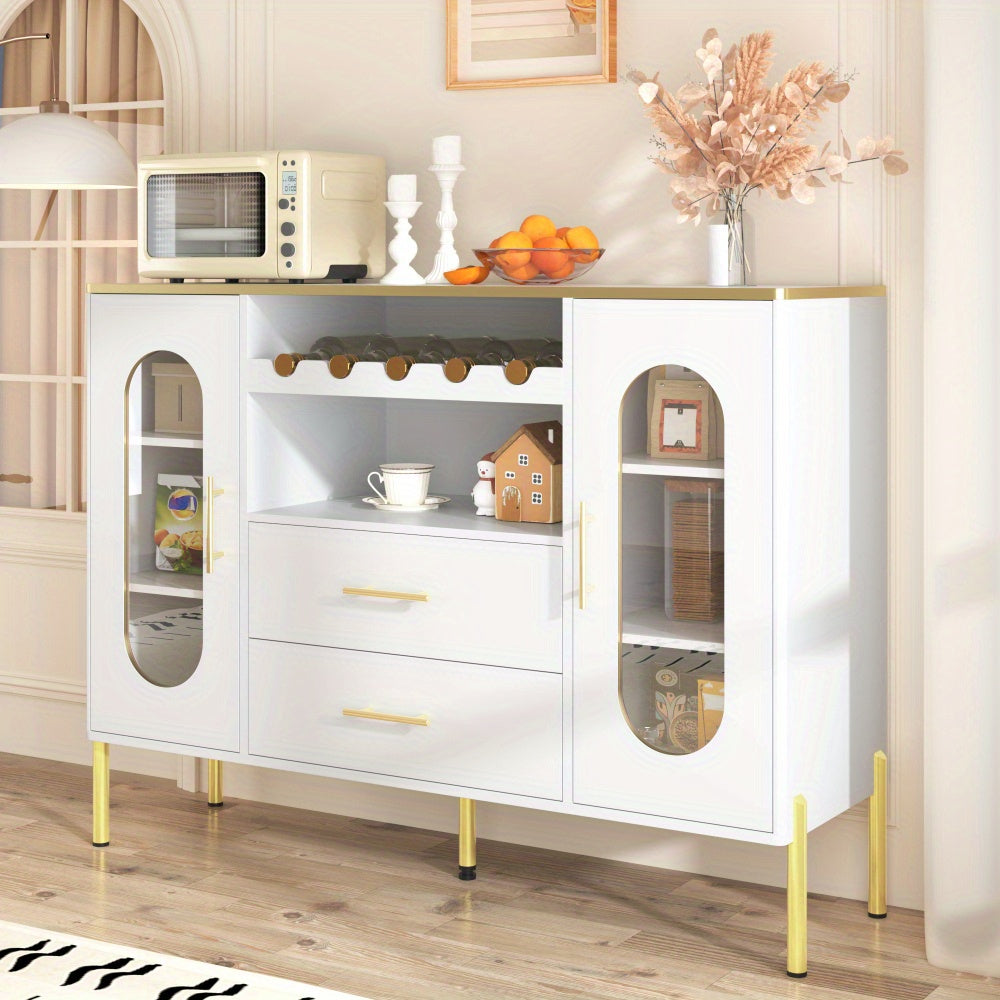 Dressoir – Kast – Sideboard – Opbergkast – Ladekast – Wit MDF Met Glazen Deuren – Inclusief Wijnrek En Lades – Stijlvol En Ruim Opbergmeubel