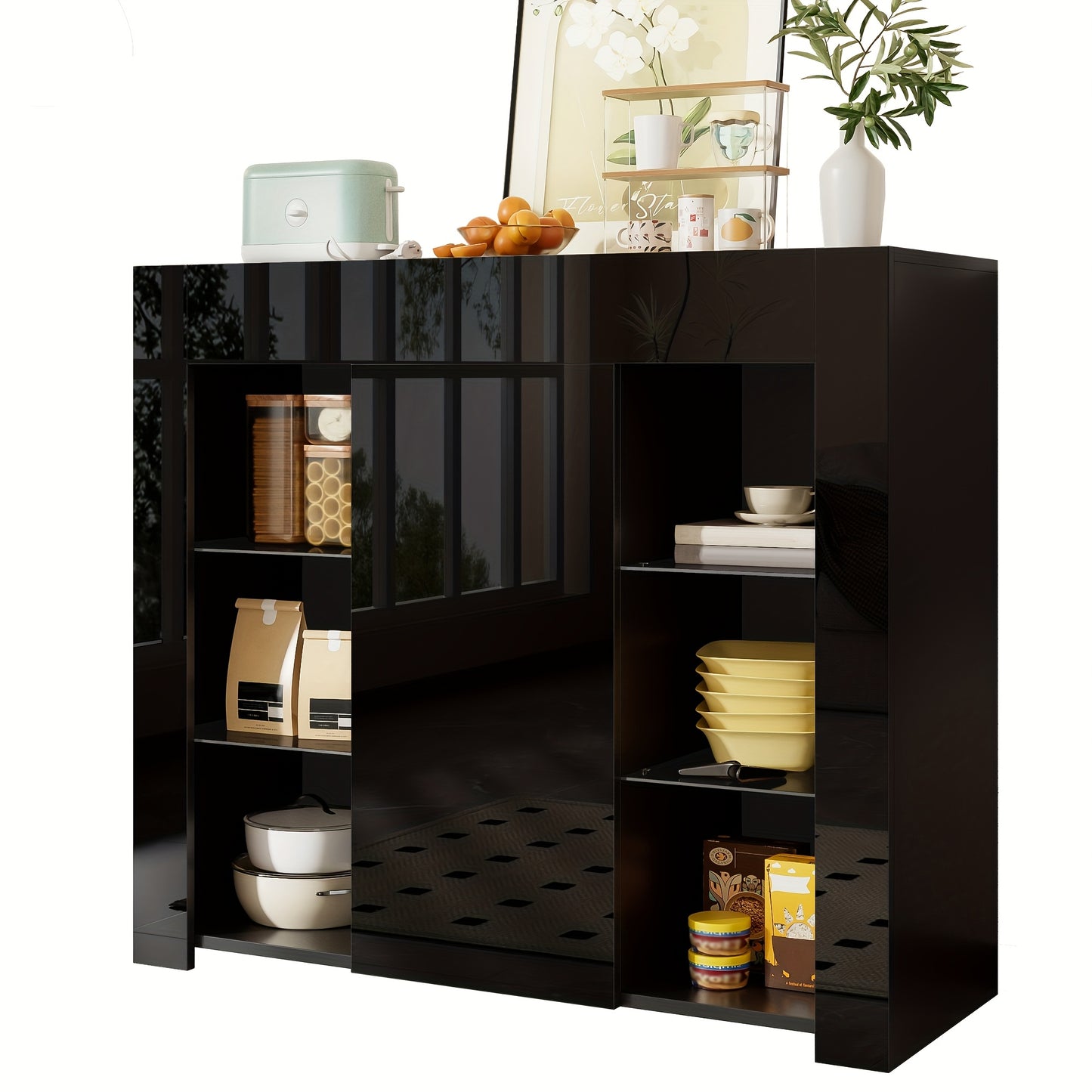 Modern Black Metal Sideboard with Glass Shelves & Doors - High-Gloss Compact Storage Cabinet, Space-Saving Contemporary Furniture for Living Room, Dining Room, Kitchen - 95x35x83cm, Durable Metal Construction & Glass Doors, A