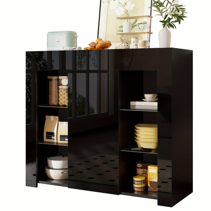 Modern Black Metal Sideboard with Glass Shelves & Doors - High-Gloss Compact Storage Cabinet, Space-Saving Contemporary Furniture for Living Room, Dining Room, Kitchen - 95x35x83cm, Durable Metal Construction & Glass Doors, A