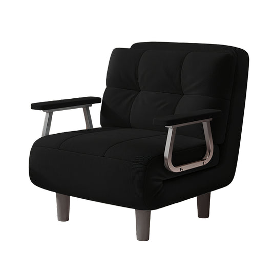 Bankbed – Slaapstoel – Slaapbank – Bedbank – Fauteuil – Zwarte Corduroy Bekleding – Inklapbaar 60x77x50 cm – Met Stalen Frame