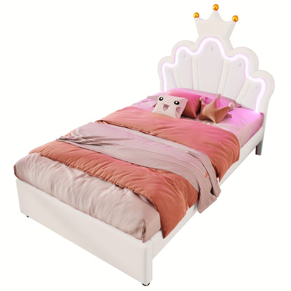 Upholstered Bed, 90 X 200 Cm, Without Mattress Crowned Princess Bed, Adjustable Headboard, White