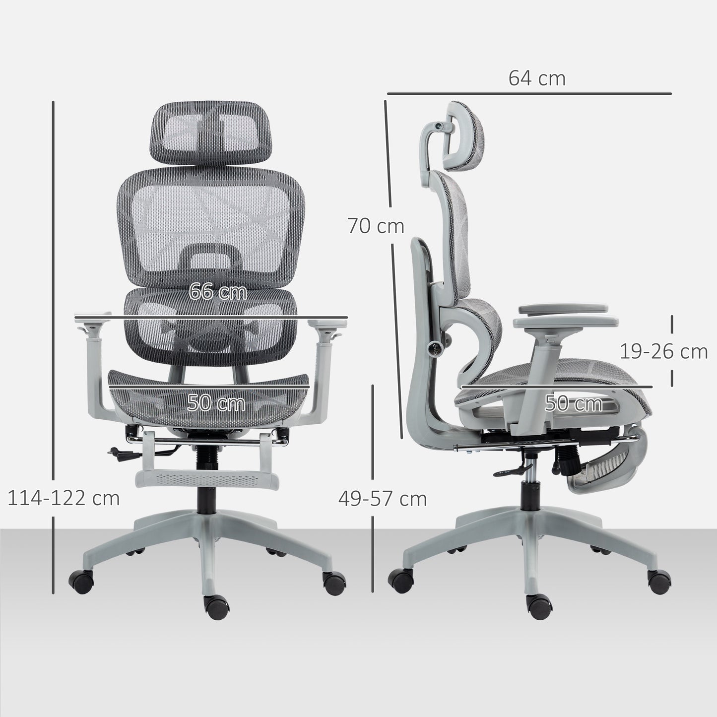Ergonomische Bureaustoel – Kantoorstoel – Bureauzetel – Werkstoel – Bureaustoel Met Armleuningen – Grijs – Verstelbare Hoofdsteun – Ademend Mesh