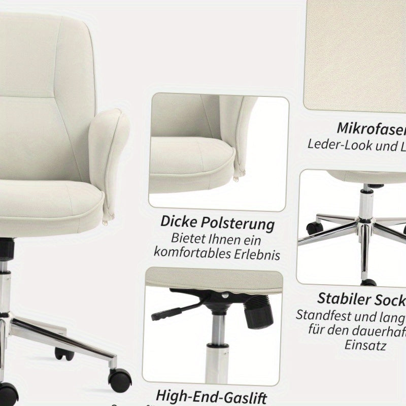 Ergonomische Bureaustoel – Bureaustoel Met Wieltjes – Draaistoel – Thuiswerkstoel – Kantoorstoel – Verstelbare Zithoogte – Crème Microfiber Bekleding