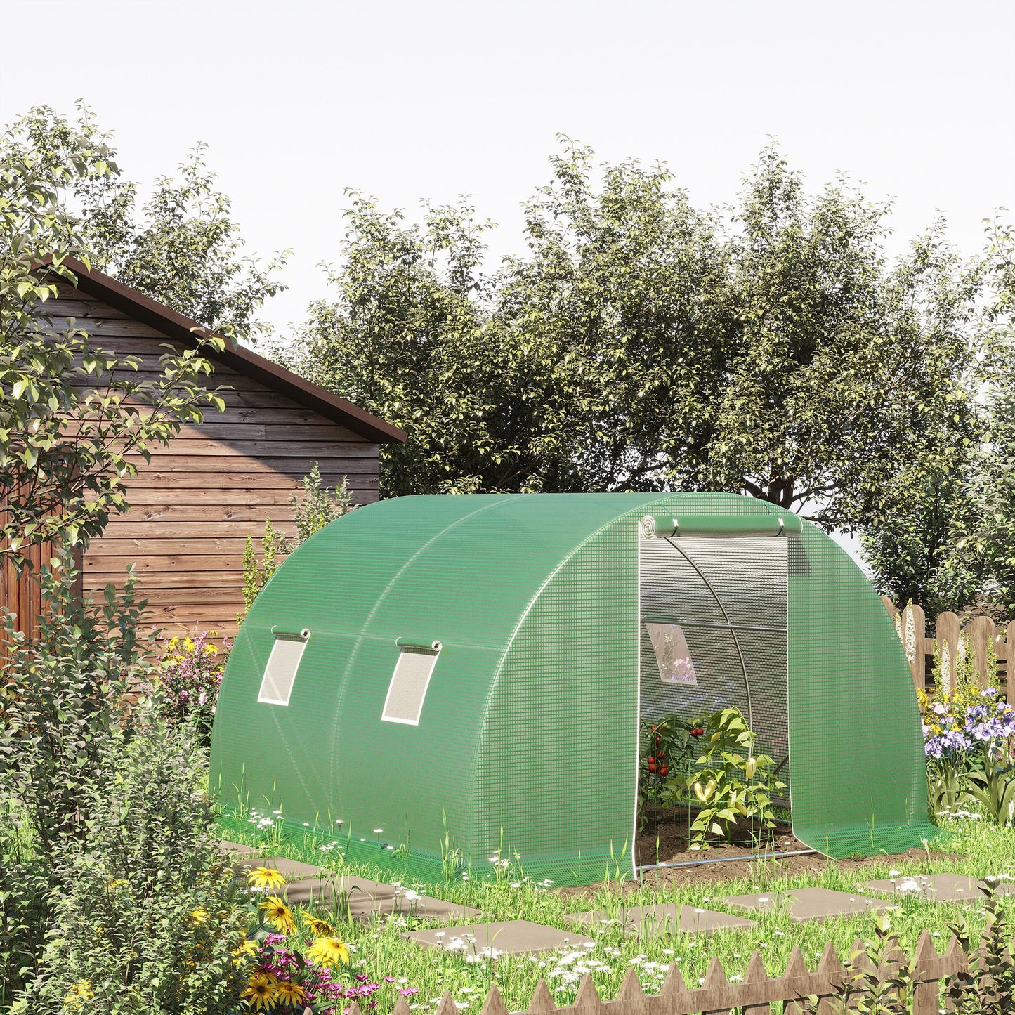 Outsunny Garden Greenhouse Tunnel 9 m² dim. 3L x 3l x 2H m - 4 windows, Roll-up Zippered Door - Tubular Chassis Galvanized Steel, High Density PE Cover Green, Protects Plants From Cold Rain Insects Birds, Ideal For Flowers V
