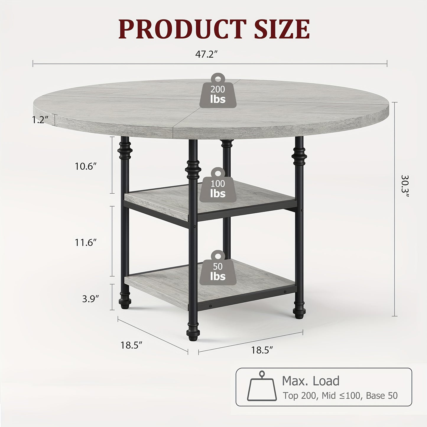 Ronde Eettafel – Dining Table – Tafel – Keukentafel – Eetkamertafel – Grijs – 2-laags Opbergruimte – Stevig Metalen Frame